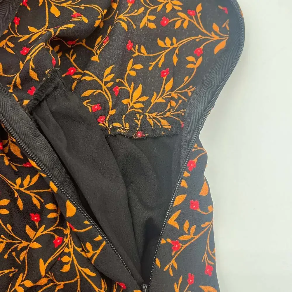 Floral Black Red Long Sleeve Faux Wrap Dress asymmetrical hem ruffle M prairie - Picture 7 of 8